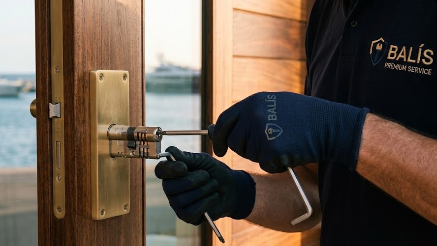 Cerrajero instalando cerradura de alta seguridad premium en chalet de Llavaneres